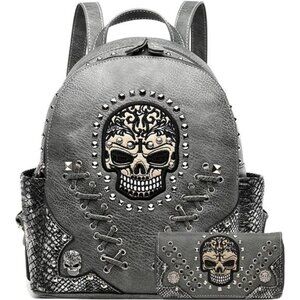 Sugar Skull Punk Art Rivet Stud Biker Purse Women Fashion Backpack Python